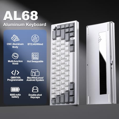 Image of YUNZII AL68 Wireless Mechanical Keyboard,Full Aluminum CNC,60% Layout with Knob, QMK /VIA Software,Gasket Mounted,Hot Swappable,RGB Backlit,BT /2.4G /USB-C for Mac /Win (Silver, Gateron Zero)