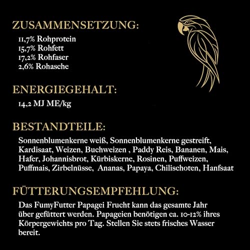 FumyFutter Papagei Frucht Mix, Exklusives Alleinfutter, Premium-Papageienfutter für Aras, Graupapageien und Amazonen, mit Früchten, Nüssen und Chilis verfeinert, 1,5kg, 1x Beutel