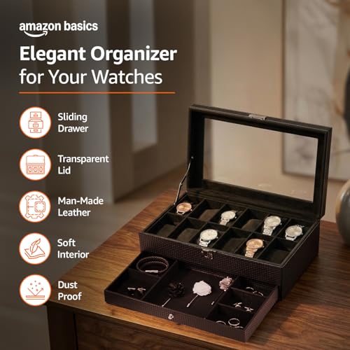 Image of Amazon Basics Sliding Drawer 12-Slot Watch and Jewelry Organizer - Faux Leather & MDF Storage Box for Men and Women, Black