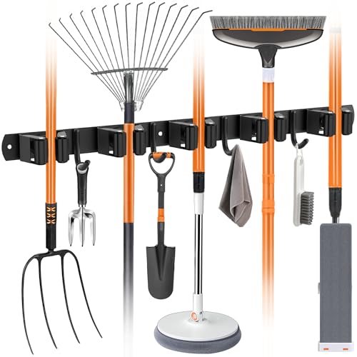OMerima 1 Stück Besenhalterung Wand, 5 Halter + 4 Haken Edelstahl gerätehalter, Selbstklebend Gartengerätehalter and Besenhalter, Schwarz Wandhalterung Aufhänger für Besen