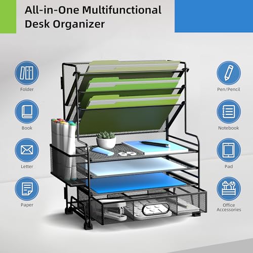 4-Tier Paper Organizer + 3-Pocket File Holder + Drawer + Pen Holders, Desktop File Organizers Paper Tray for Office Accessories School Classroom Organization (Black) - Image 5