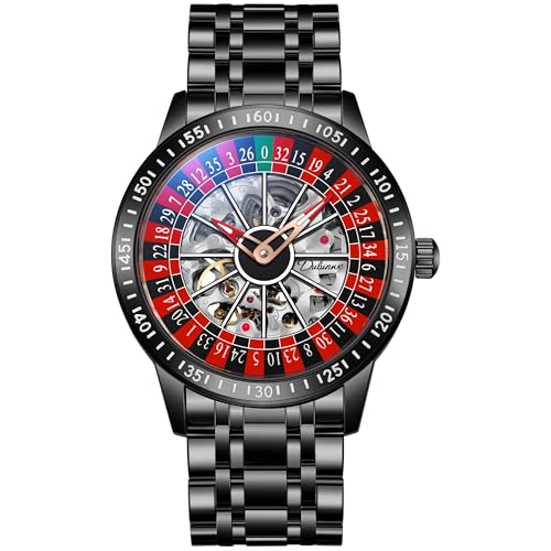 CARLIEN Mens Gambling Automatic Mechanical Skeleton Hollow Waterproof Luminous Watch Stainless Steel Band Self Winding Roulette Wheel Business Casual Wristwatch (Black)