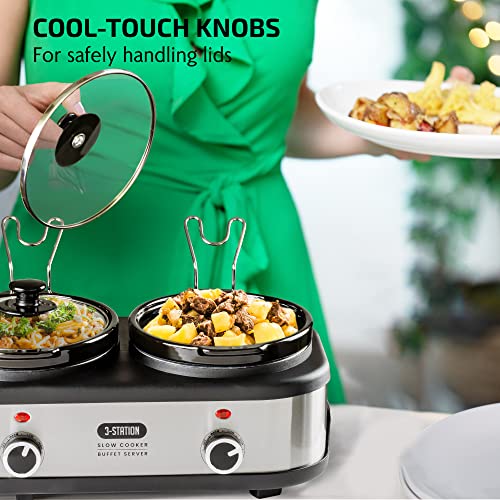 Image of OVENTE Electric Triple Slow Cooker, 4.5Qt Buffet Server, Silver SLO315CBR | 300W Portable Three 1.5Qt Pots, Adjustable Heat Settings, Easy to Monitor & Clean, Perfect for Entertaining