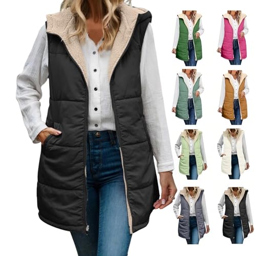 Puffer Vest Women Plus Size Reversible Sleeveless Fleece Jacket Zip Up Quilted Long Winter Sherpa Coat