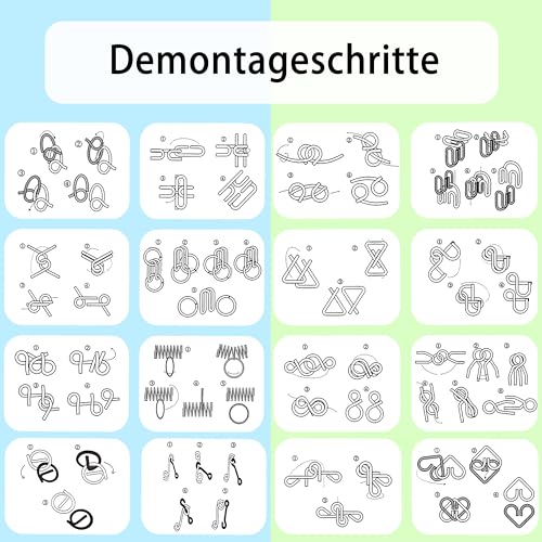 Qanmua 16 Stück Knobelspiele Set, 3D Brainteaser Metall Puzzle IQ Spiele Set Geduldspiele für Kinder und Erwachsene