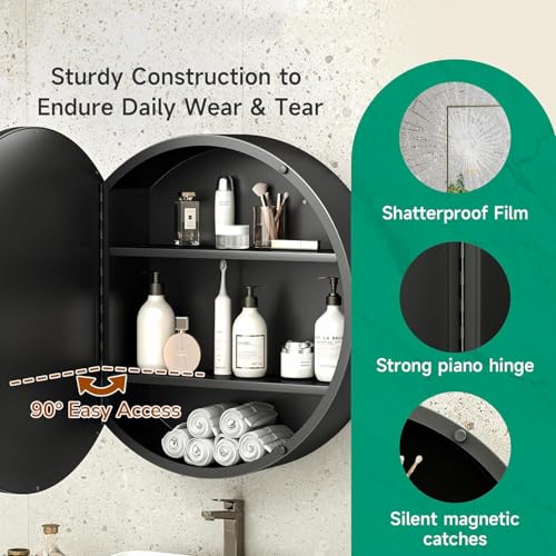 Image of iSTAR Round Wall Mirror with Storage Shelf | Bathroom Vanity with Hidden Cabinet Organizer | Modern Wall Mounted for Bathroom, Bedroom - Black