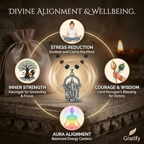 Image of Gratify Original Rudraksha & Karungali Mala 8mm 54 Beads with Lord Murugan Pendant | Natural Ebony Wood Spiritual Necklace for Meditation, Protection, Focus & Positive Energy | Unisex Mala