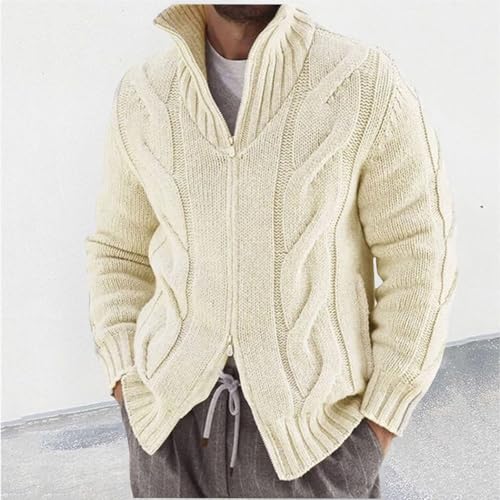 Men's Cable Knit Zip Up Cardigan Sweater, Long Sleeve Stand Collar Split Hem Fashion Cardigans Chunky Sweaters2