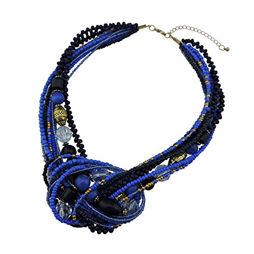 Bocar Seed Beads Multilayer Knot Statement Collar Necklace (NK-10345-blue)