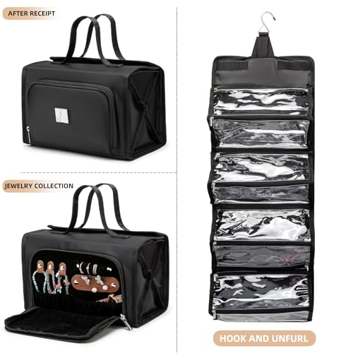 Roll Up Makeup Bag, Waterproof Toiletry Bag for Women, Hanging Travel Organizer bags with Jewelry Organizer Compartment, Extra Large 4 Clear TSA Approved Pouches Cosmetic Makeup (black)2