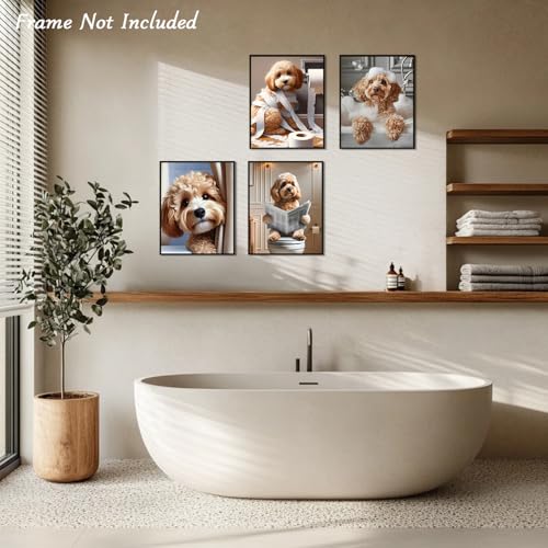 Dazzlewall 4Pcs Lustige Hund Badezimmer Wandkunst, Pudel Mit Toilettenpapier Badewanne Hund Bild Druck Skurriles Tier Poster für Badezimmer, 8x10 zoll Ungerahmt