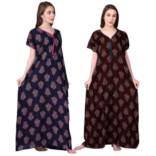 Image of Women's Alpine Botanical Leaves Print Maxi Nightgown with Pocket