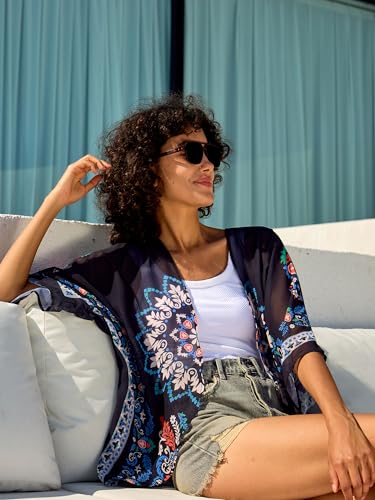 Image of Chunoy Women Floral Beach Wear Cover Up Chiffon Kimono Cardigan Open Front Blouse Top