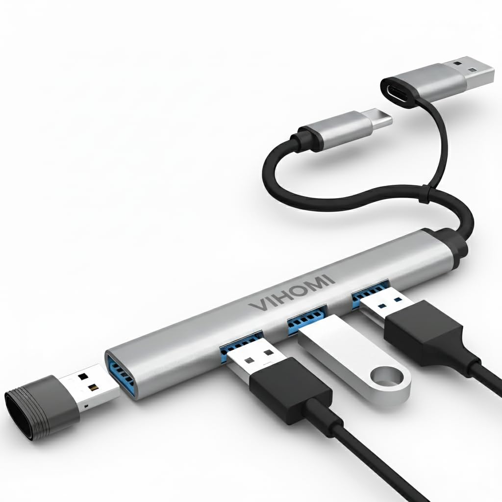 6-in-1 USB + Type-C Multifunctional Docking Station Hub Adapter – USB-C Splitter with 4 USB Ports, 5V/3A Fast Charging, USB & Type-C Input for Laptop, MacBook, Chromebook, PC & Flash Drives