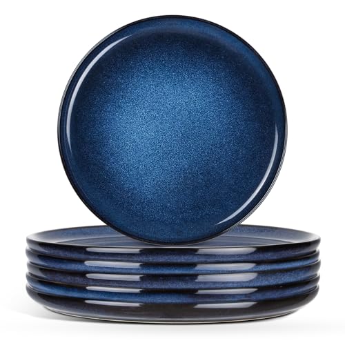 Image of E-far 8 inch Ceramic Salad Plates Set of 6, Reactive Glaze Stoneware Dishes, Round Dessert Plate for Home Kitchen Restaurant, Microwave & Dishwasher Safe - Deep Sea Blue