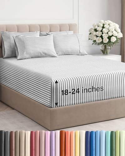 Image of Extra Deep Cal King Sheet Set - 6 Piece Breathable & Cooling - Grey Stripes | Hotel Luxury Bed Sheets Set, Easy & Secure Fit, Ultra-Soft, Wrinkle & Fade Free, Comfy Sheets Set with Extra Deep Pockets
