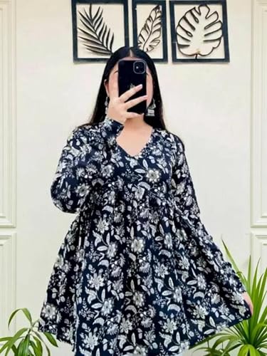 Image of Women's Rayon Floral Printed A-Line Tunic Top | Stylish Casual Wear | V-Neck Long Sleeve Kurti Top