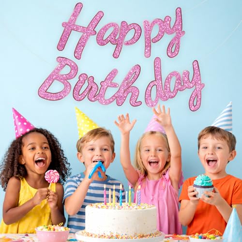 Image of Rozi Decoration Happy Birthday Pink Glitter Cursive Banner for Party Decoration, Paper Cardstock Hanging Banner for Kids and Adults, Birthday Celebration Decor for Home and Events