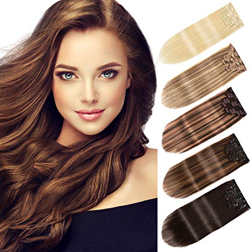 Real Hair Extensions Clip in Human Hair 16'' Clip in Hair Extensions for Women 7pcs Ombre Hair Extensions Human Hair 120g Remy Hair Extensions(1B/6/1B)