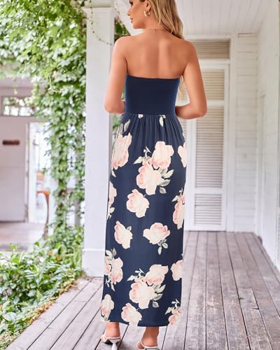 Image of GRACE KARIN Women Strapless Dress Casual Loose Ruched Long Maxi Dress with Pockets