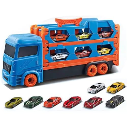 Image of Mashes Big Hauler Storage & Deform Transport Truck Toy with 2 Foldable Ejection Race Track & 2 Pc Die cast Cars for Kids Boys Girls 3+ Years (Truck with 2 Cars Set)