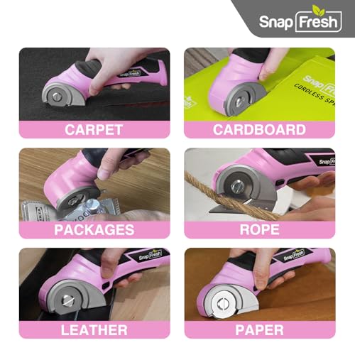 SnapFresh Cordless Electric Scissors, 4V Mini Cardboard Cutter, Carpet Cutter, Box Cutter W/a Self-sharpening Blade, Rotary Cutter for Cardboard, Plastic, Leather, and Packages (Pink)