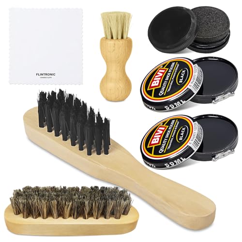 flintronic Kit de Limpieza Zapatos, 7 Piezas Betún Juego Cuero con Cepillo, Negro Zapato Betún, Paño para Cuidado Calzado zapatos y botas