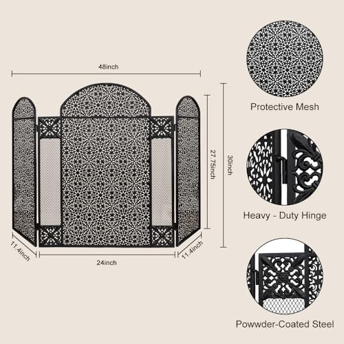 Image of Hogardeck Fireplace Screen, 48 inch x 30 inch Decorative Fireplace Cover, 3 Panel Wrought Iron Fire Place Gate for Living Room, Baby Proof, Brick Fireplace, Pet Safety