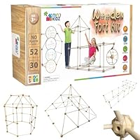 MIND KIDZ Wooden Fort Building Kit for Kids Ages 3-8, Montessori STEM Play Tent for Kids Develop Creative Skills - 52 Rods and 30 Connectors