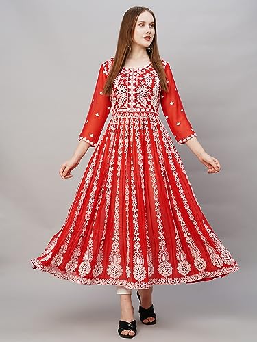 Image of ANNI Designer Women's Georgette Regular Fit Anarkali Chikankari Embroidered Calf Length Kurta Dress