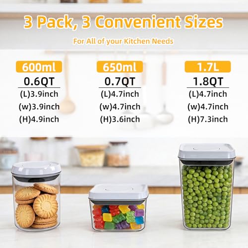 Pop Push Button Airtight Food Storage Containers with Lids | 3 Sizes: 0.65/0.7/1.8Qt for Cereal Flour Sugar Snacks Pet Food, BPA-Free Space-Saving Pantry Kitchen Canisters - Image 4