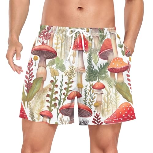 xigua Watercolor Mushrooms Mens Swim Trunks with Liner, 5 inch Quick Dry Mens Boardshorts for Beach