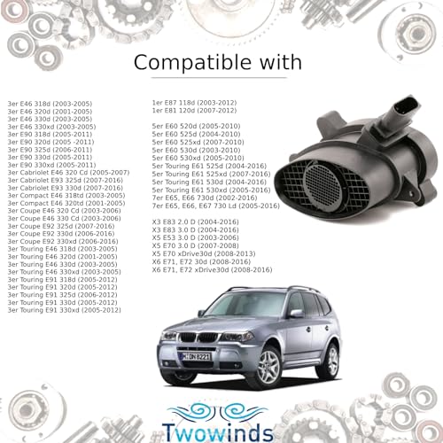 Twowinds - Durchflussmesser 0928400529 Kompatibel mit BMW E46 E53 E60 E61 E65 E66 E67 E90 E91 E92 E93 E87 E83 X5 X6 X3-13627788744 - 77 182211. 04 – 70640146 – Luftdurchflussmesser