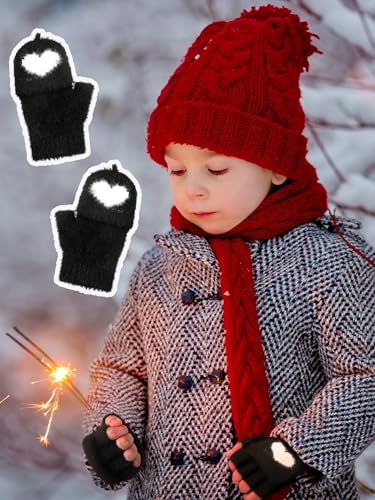 Geyoga 3 Pair Heart Fingerless Gloves Convertible Flip Top Gloves Winter Half Finger Mitten for Boy Girl 5-10 Year3