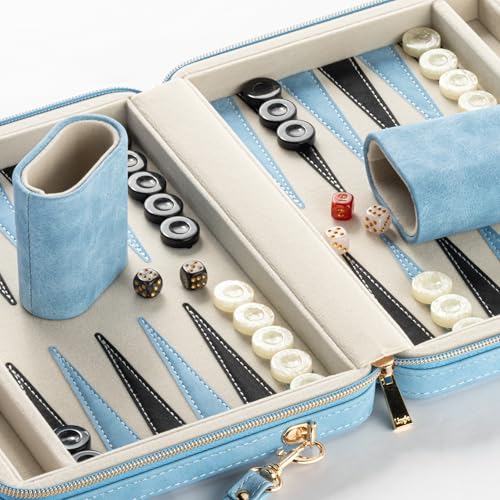 Backgammon Sets for Adults and Kids, Classic Backgammon Board with Unique Checkers Dice, Folding Faux Leather Backgammon Case, Portable Travel Backgammon Game Set (Blue) - image 5