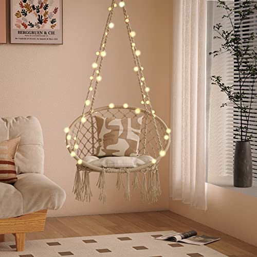 Mcmacros Hanging Chair,Macrame Hammock Swing Chair With Led Light,Cushion,Hardware Kits.max 330 Lbs Capacity.handwoven Cotton Rope Hanging Swing Chair For Indoor And Outdoor Use.beige #TOP4