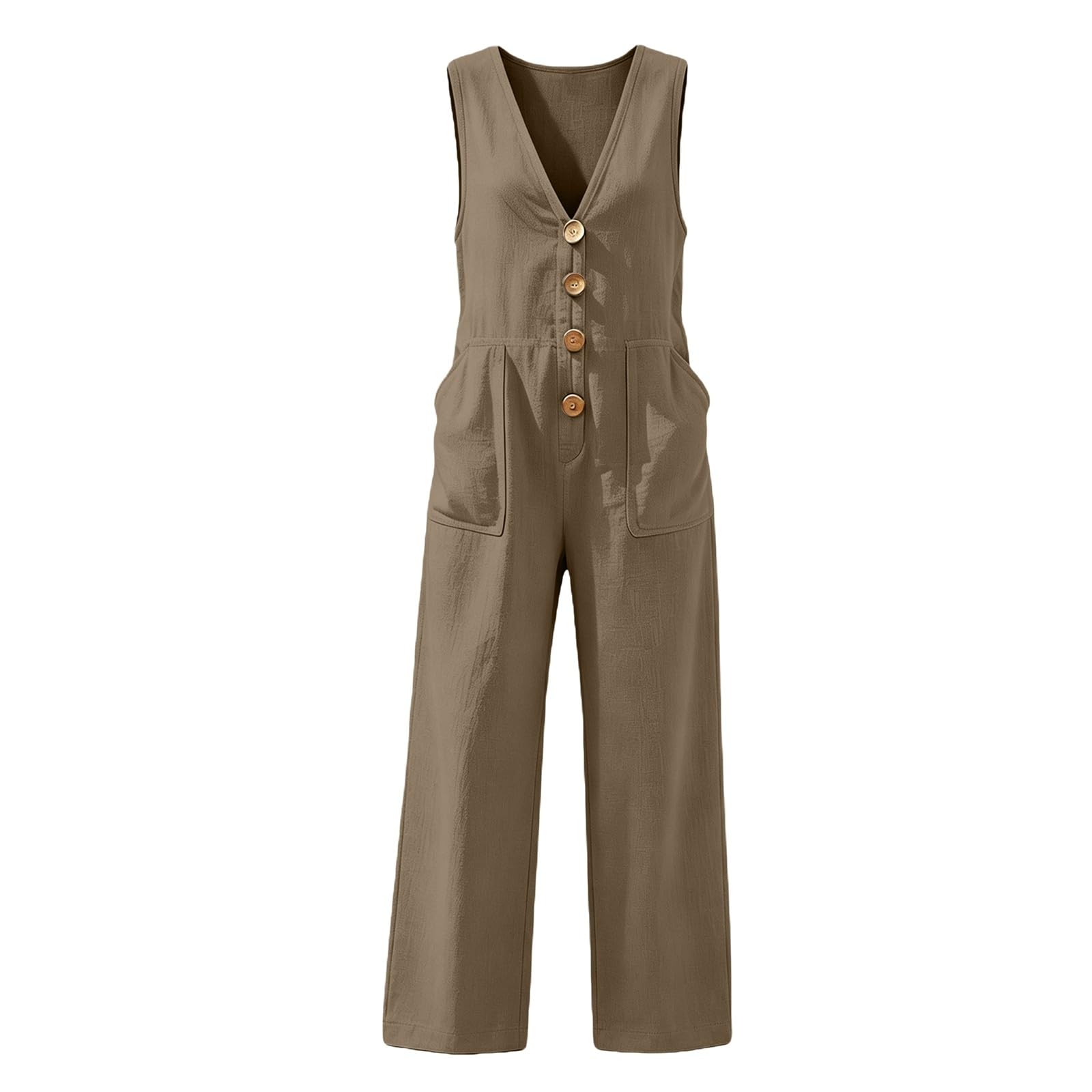 Generisch Tuta da donna in lino, lunga, estiva, senza maniche, per lavoro, elegante, con bottoni, a gamba larga