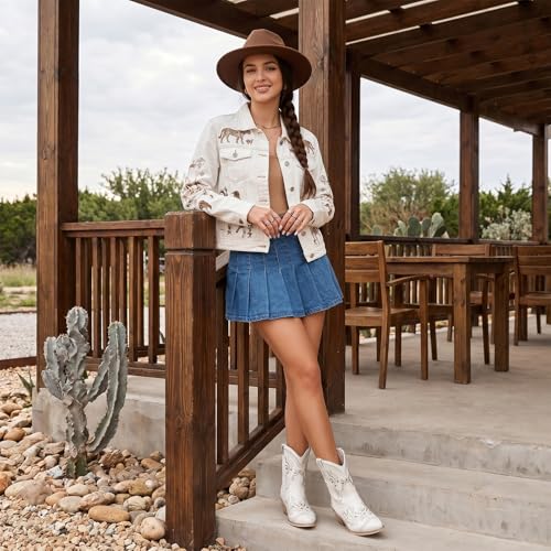 Image of Rhinestone Ankle Cowboy Boots for Women Embroidered Short Cowgirl Boots with Low Heel Side Zipper Comfortable Chunky Heel Western Booties for Prom Party Wedding Pull On Shoes