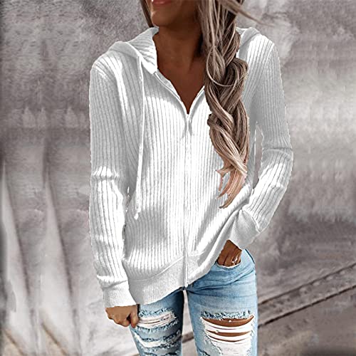 Tomatop Fall Sweaters Woman Winter Zip Up Long-Sleeved Knitted Hooded Cardigan Sweater White #TOP1