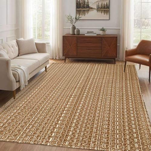 Washable Area Rug 5x7 ft,Rubber Backed Non Slip Neutral Rugs for Living Room,Office Rugs,Braided Bedroom Rug,Faux Jute Rug,Indoor Floor Solid Carpets for Dining,Tan Brown