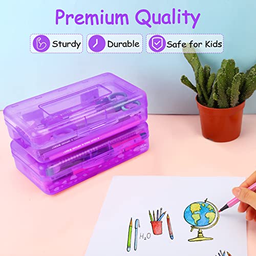Image of Sooez 1 Pack Clear Pencil Box, Plastic Hard Pencil Case with Stickers, Large Crayon Box with Snap-tight Lid, Stackable Storage Box Art Craft Marker Organizer Box for Kids Boys Back to School, Purple