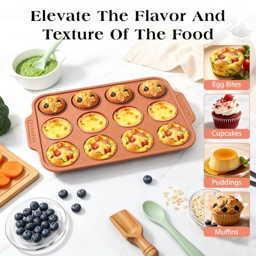 Image of Silicone Muffin Pans for Baking with Metal Reinforced Frame | Nonstick 12-Cup Regular Size Cupcake Tray for Egg Bites, Muffins & Cupcakes, Dishwasher Safe, Brick Orange, 1 Pc