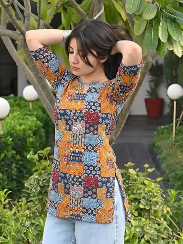 Image of Pinkmint Women's Cotton Blend Printed Short Kurti, Hip-Length Ethnic Tunic for Women, 3 /4 Sleeve Notch Neck, Casual, Office (Available in Plus Sizes & Combo Pack 2)
