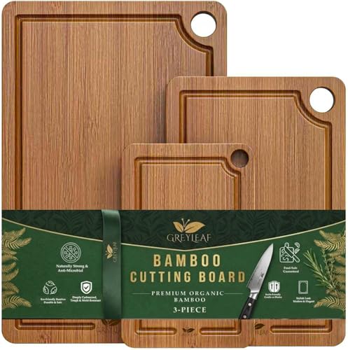 Juego de 3 Tablas de Cortar de Bambú con Ranuras para Jugos, Mangos Integrados y Alfombrillas Antideslizantes, Tablas Reversibles de Madera para Preparación de Alimentos en la Cocina: Carne, Verduras, Frutas, Pan y Queso miniatura 1