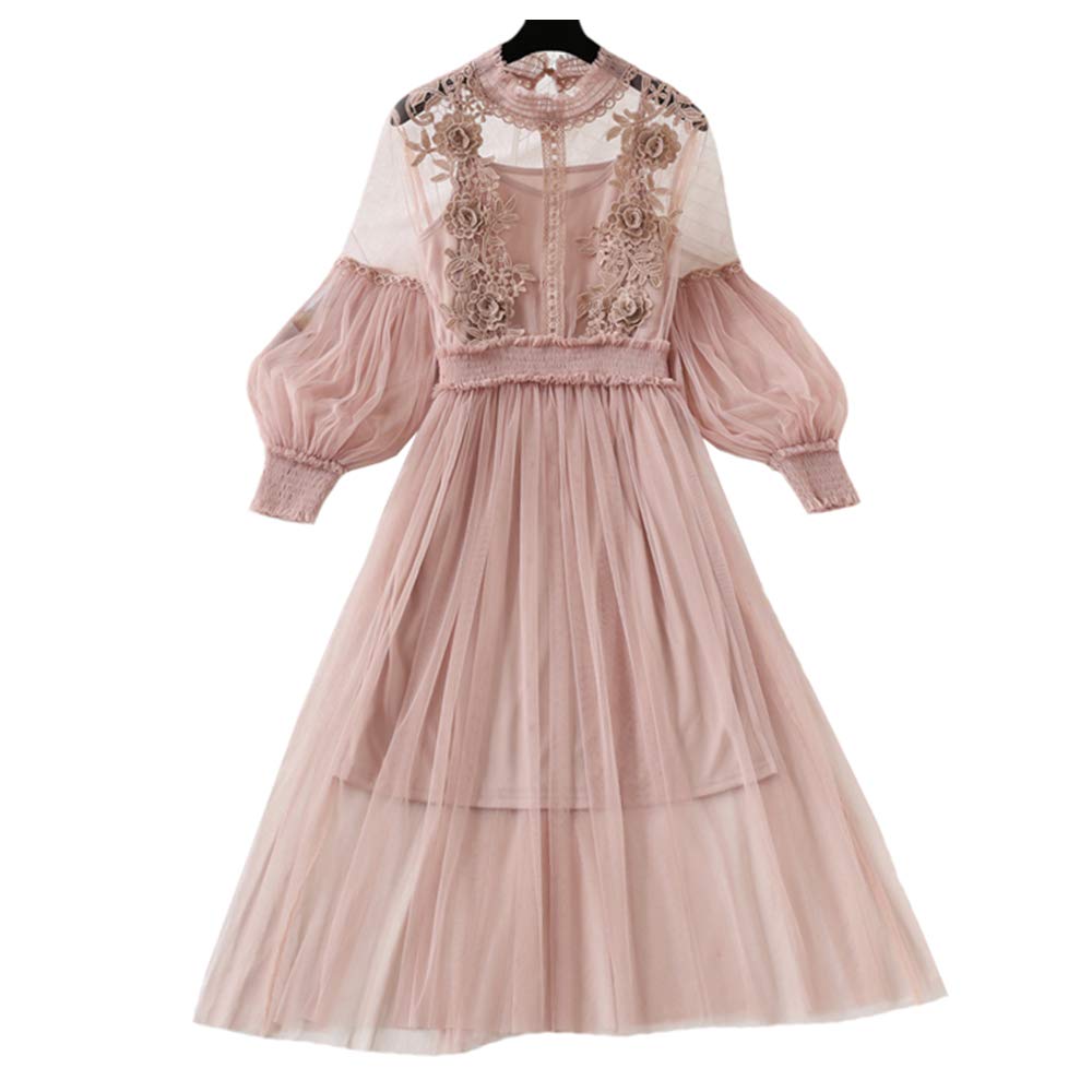 Women Hollow Out Puff Sleeve Floral Embroidery Lace Mesh Dress for Casual Wedding Cocktail Party