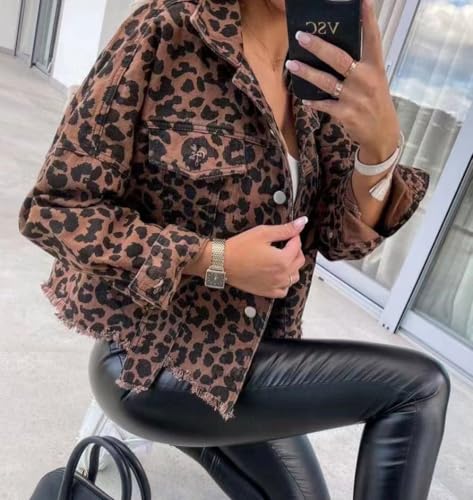 CHARTOU Women Distressed Denim Jacket Leopard Button Down Frayed Short Jean Coat3