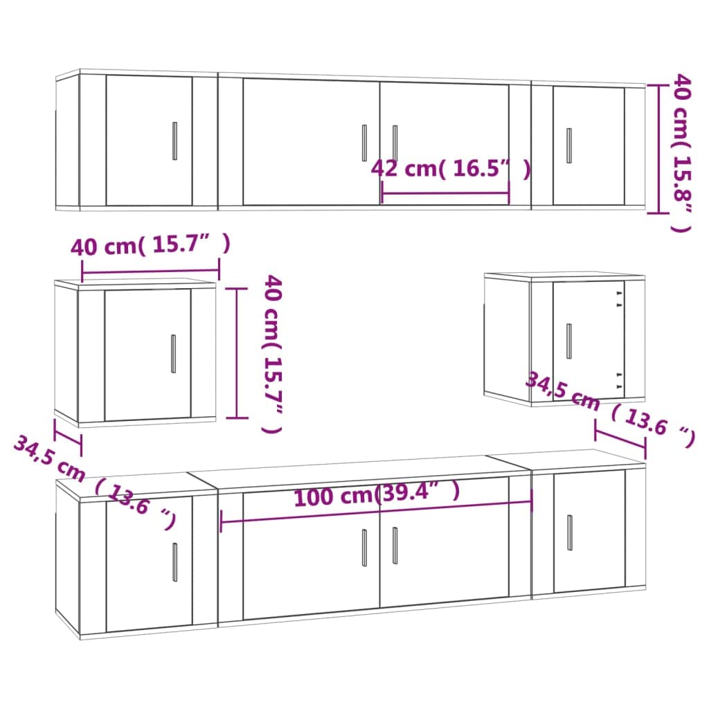 8-TLG. TV-Schrank-Set Grau Sonoma, Holzwerkstoff, 100/40 cm Breite, Wandmontage, Modernes Media-Center für Wohnzimmer, Viel Stauraum