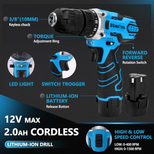 Image of KingTool 276-Piece Tool Set Kit with 12V Cordless Power Drill (Blue)