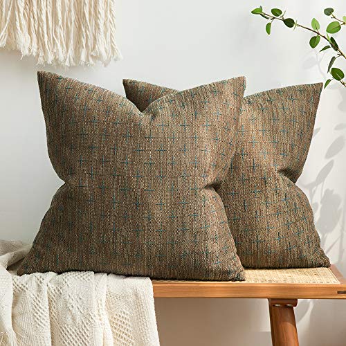 MIULEE Pack of 2 Decorative Burlap Linen Throw Pillow Covers Modern Farmhouse Pillowcase Rustic Woven Textured Cushion Cover for Sofa Couch Bed 18x18 Inch Coffee