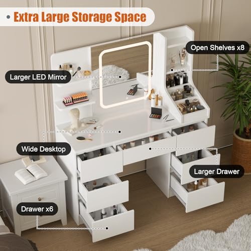 TRIUMPHKEY Dressing Table, Vanity Desk with Large Lighted Mirror, Adjustable Brightness, Modern Vanity Table with 7 Drawers, 4 Shelves and 3 Open Compartments for Bedroom, 110x40x139cm, White - Image 3